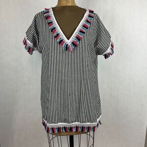 Southern Stitch Boho Tunic Shirt Top Tassel Fringe Stripe V-neck Size Large